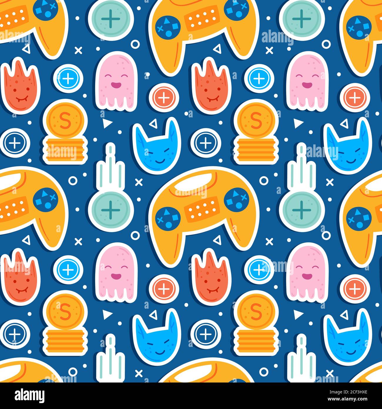 Personnages de jeux vidéo. Homme joueur avec joystick. Emoji avec différents visages. Pièces volantes. Jeu d'ordinateur, flux, blog, vlog. Vecteur tracé à la main plat Illustration de Vecteur