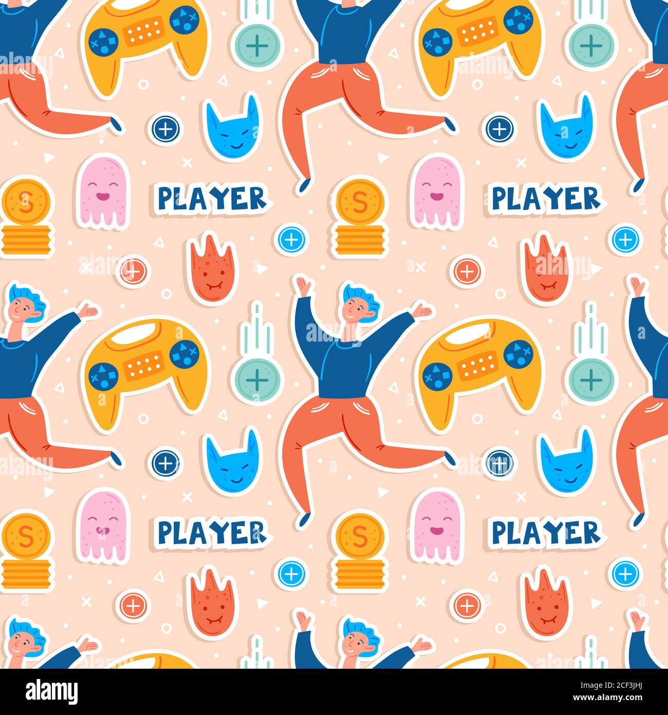 Personnages de jeux vidéo. Homme joueur avec joystick. Emoji avec différents visages. Pièces volantes. Jeu d'ordinateur, flux, blog, vlog. Vecteur tracé à la main plat Illustration de Vecteur