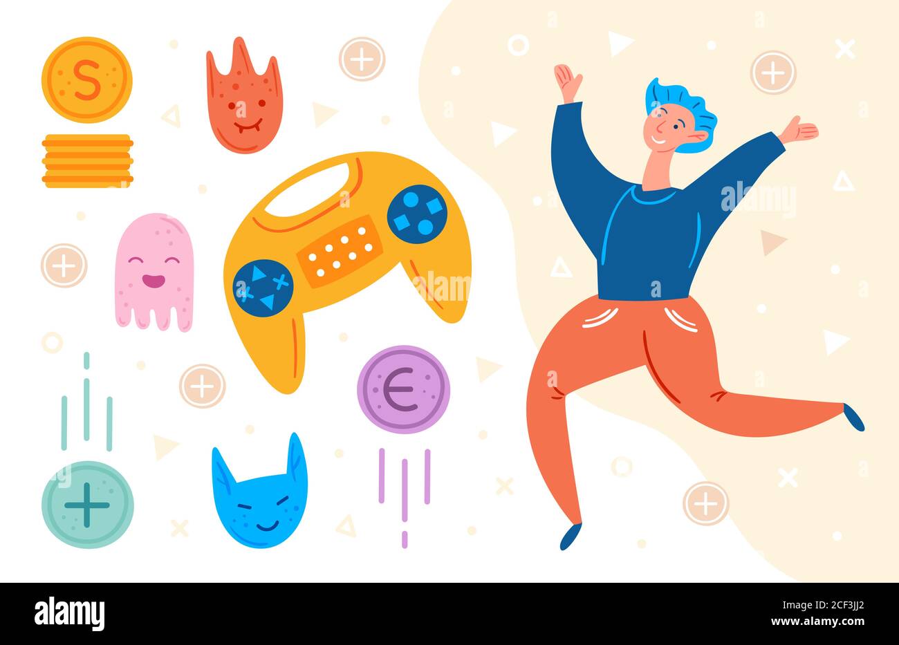 Personnages de jeux vidéo. Homme joueur sautant avec le joystick. Humeur positive. Emoji avec différents visages. Pièces volantes. Jeu d'ordinateur, flux, blog, vlog. Illustration de Vecteur