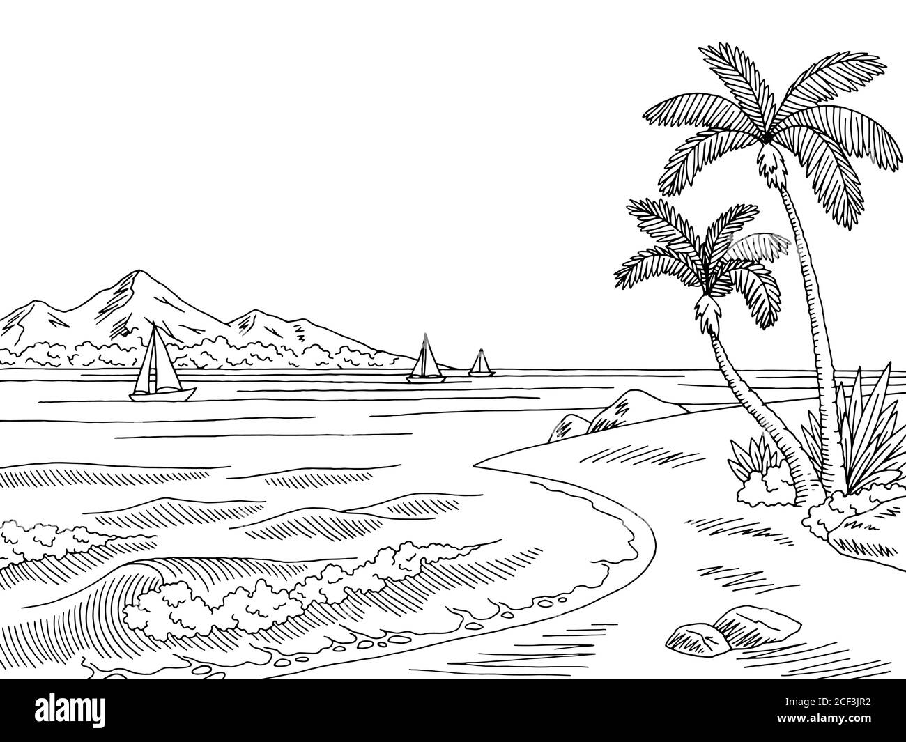 Sea Bay graphique noir blanc paysage dessin illustration vecteur Illustration de Vecteur