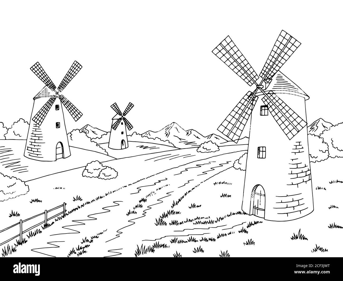 Road Mill Graphic noir blanc paysage dessin illustration vecteur Illustration de Vecteur
