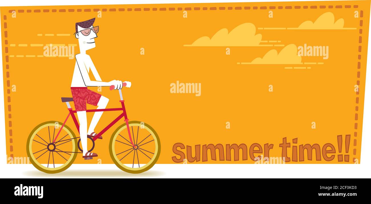 Une illustration du style rétro d'un homme allant à la plage en vélo. C'est l'été. Illustration de Vecteur
