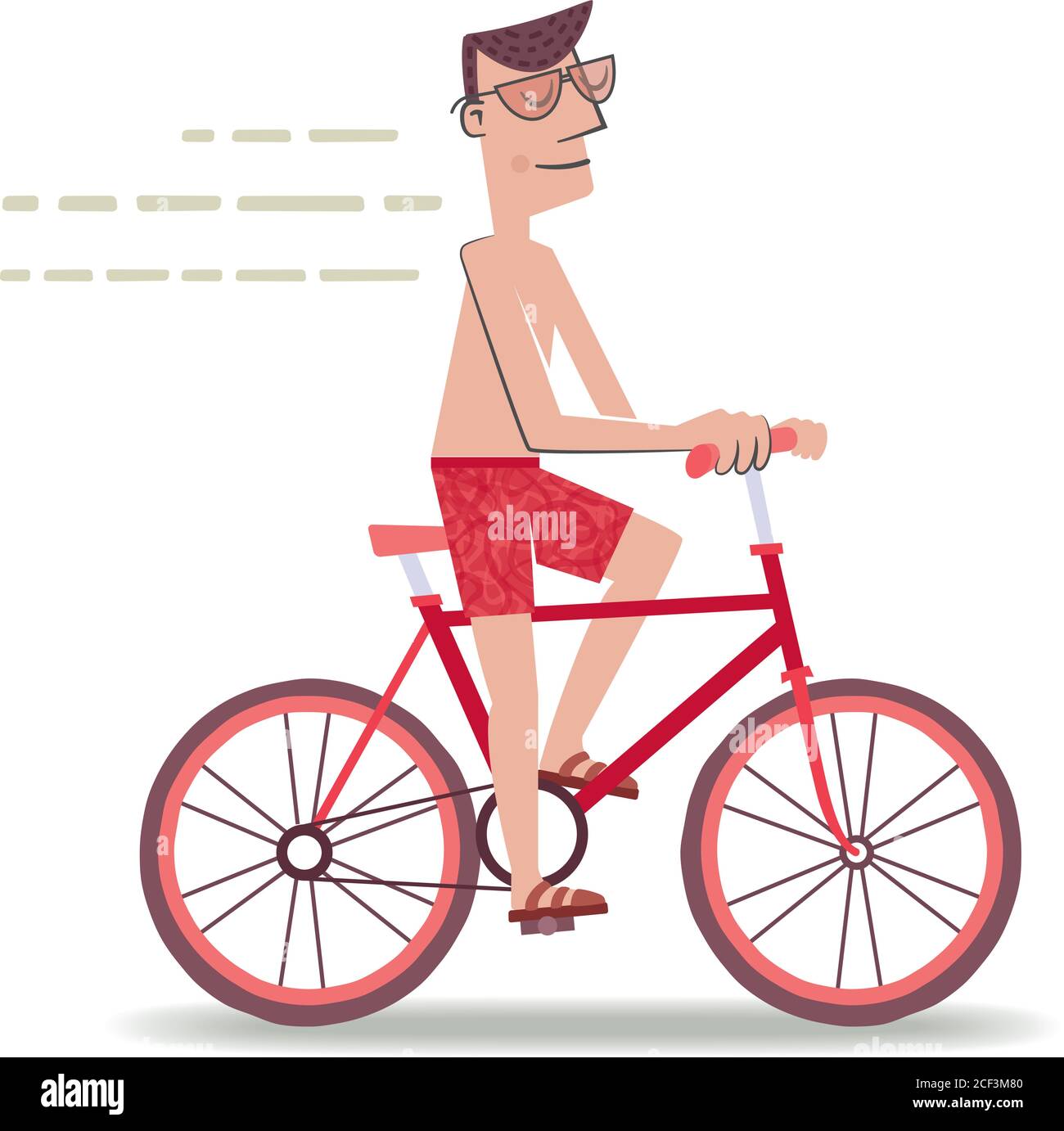 Illustration de style rétro d'un homme à vélo allant à la plage en maillot de bain. Illustration de Vecteur