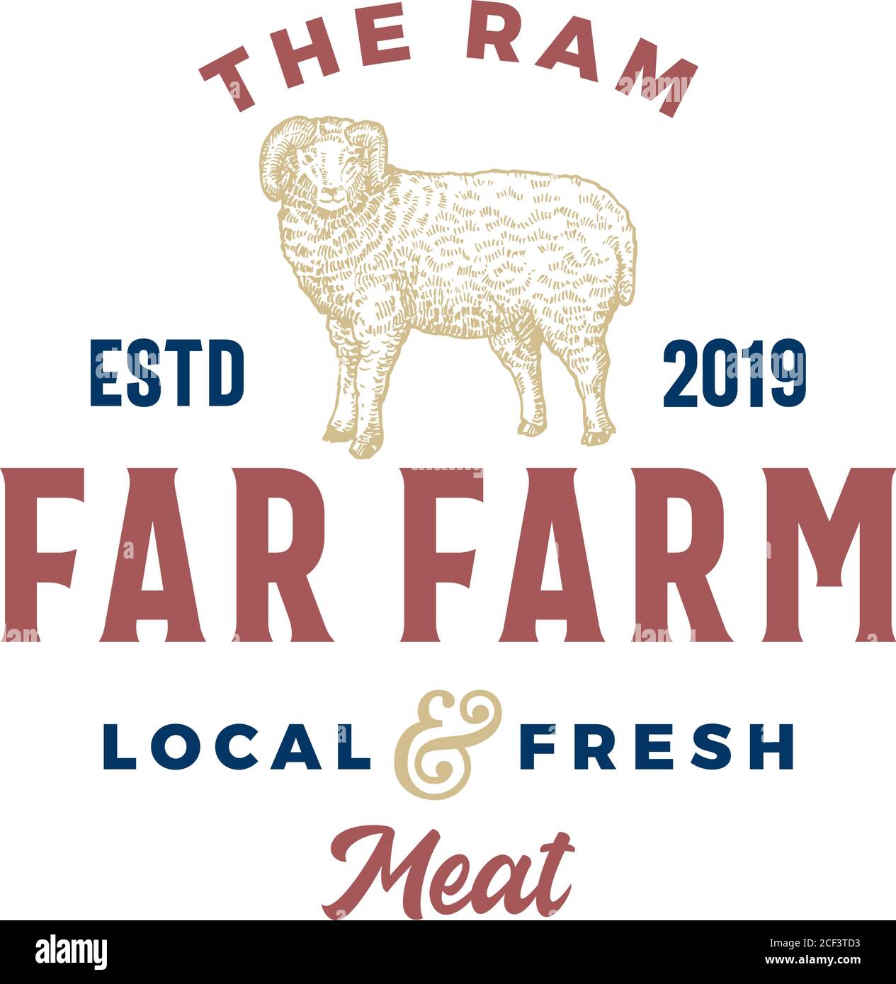 Le modèle de symbole, de symbole ou de logo de la ferme de viandes éloignées. RAM Silltract main avec Typographie rétro. Emblème vintage. Illustration de Vecteur