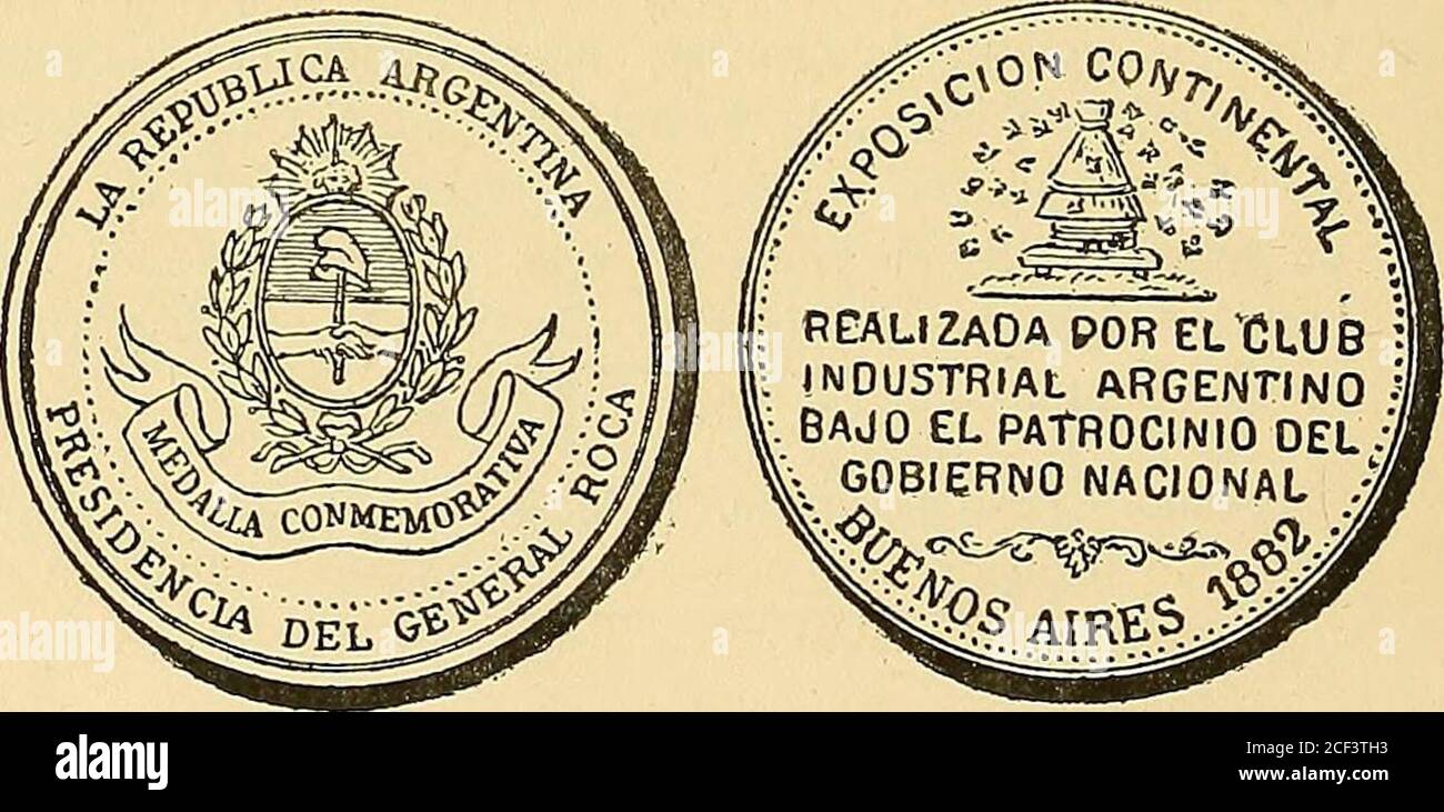 . Monetario americano (ilustrado) clasificado. N 1513—Anverso Leyenda Protección al Trabajo * RepúblicaArgentina * E71 el campo: Escudo de la Nación. Reverso en el campo: Recuerdo de la ExposiciónContinental Inaugurada en Buenos Aires el 15 deFebrero 1882 Bajo el Patrocinio del Gobno. Nacai.*en corona de laurel y roble. Cobre : peso 42 grammes. 4 décíg.. N 1514—Anverso Leyenda la República Argentina • Presi-dencia del General Roca, en el campo: Escudo argen-tino ; debajo en cinta plegada en sus extremos: Medallaconmemorativa. — 501 — ? Reverso en el campo: Una colmena de abejas y la ins-cripción Banque D'Images