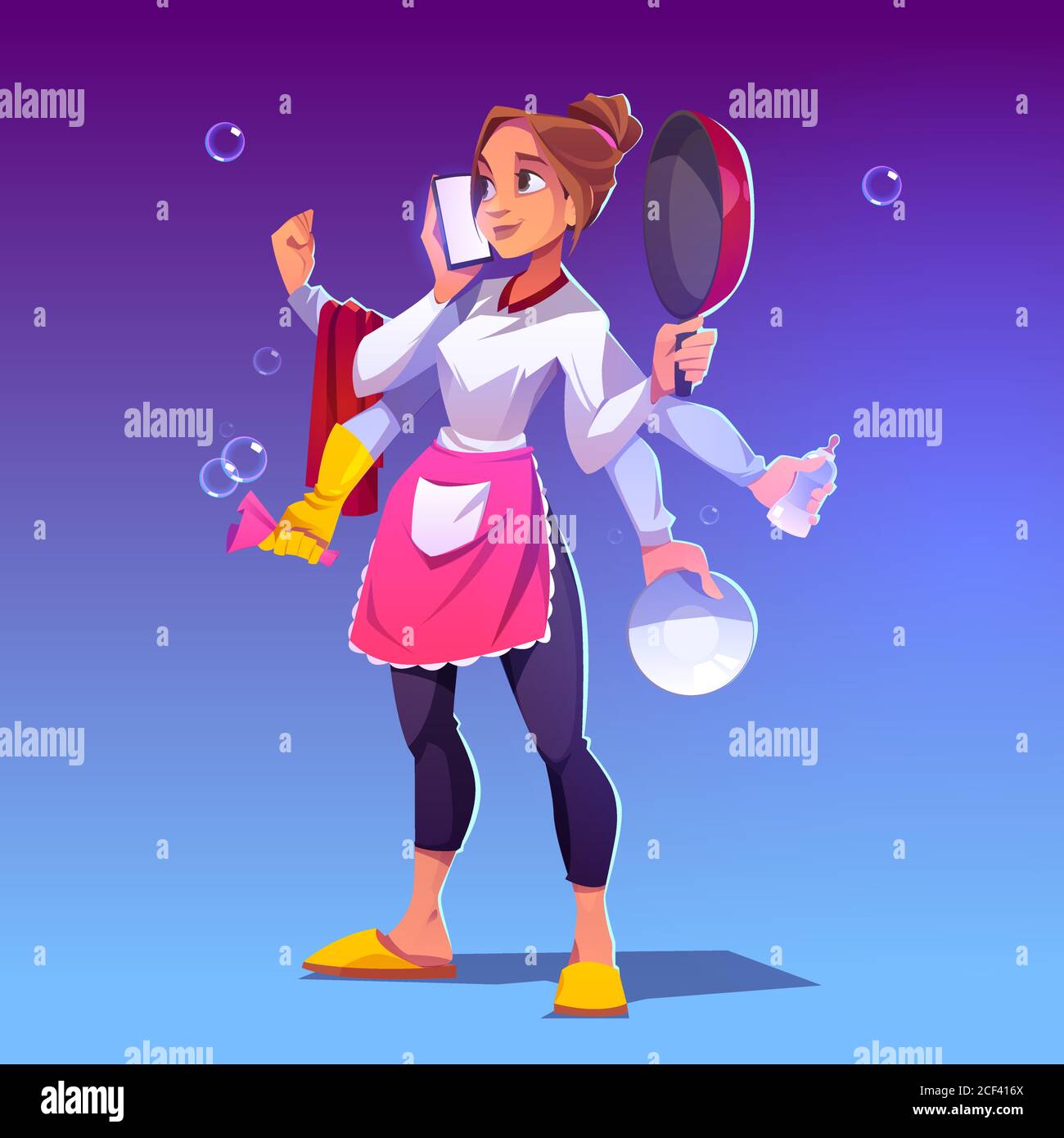 Femme de ménage occupée avec beaucoup de mains. Concept de travail domestique et multitâches. Vector caricature femme avec poêle, biberon et smartphone dans les bras. Nettoyage multitâche Illustration de Vecteur