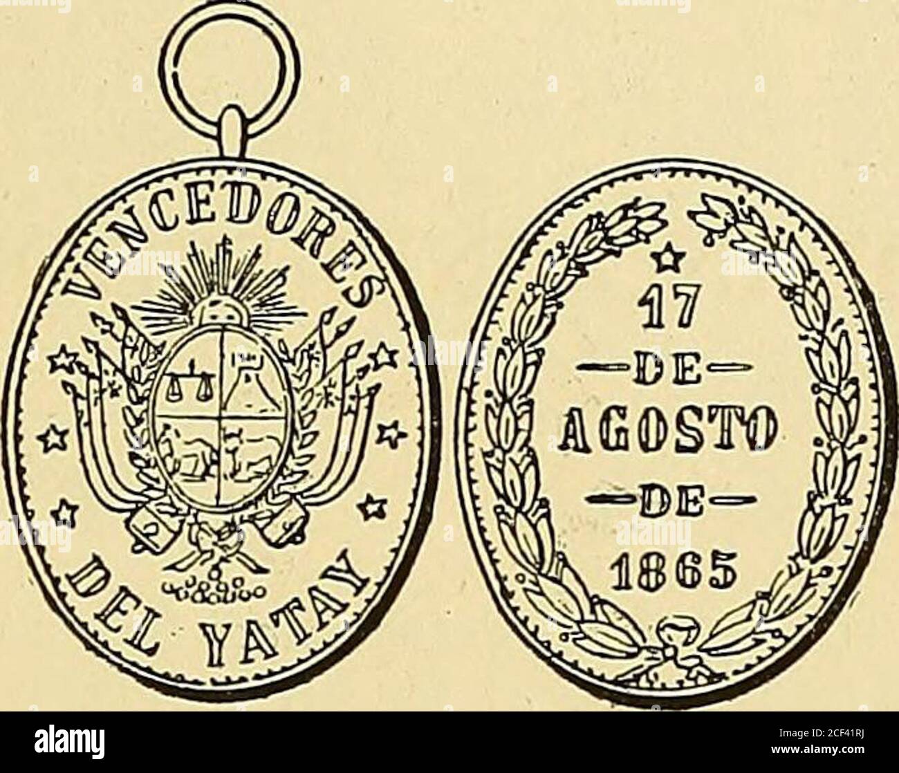 . Monetario americano (ilustrado) clasificado. BATALLA DE MONTE CACEROS N 1469—Anverso Leyenda El Gobierno de la RepúblicaOriental del Uruguay. En el campo: Al Vencedor enMonte Caceros.Reverso en el campo: 3 de Febrero de 1852. Oro : peso 14 grammes. 2 décíg. N° 1470—Como la antérieur. Plata : peso 11 grammes. 7 décíg. — 475 —. BATALLA DEL YATAY N° 1471—Anverso Leyenda • • * Vencedores • * • del Yatay.en el campo: Escudo de armas de la República Oriental;debajo pila de balas. Reverso en el campo: 17—de—Agosto—de—1865,en láurea. Oro : peso 14 grammes. 7 décíg. N 1472—Como el número 1471. Plata : peso 14 grammes Banque D'Images