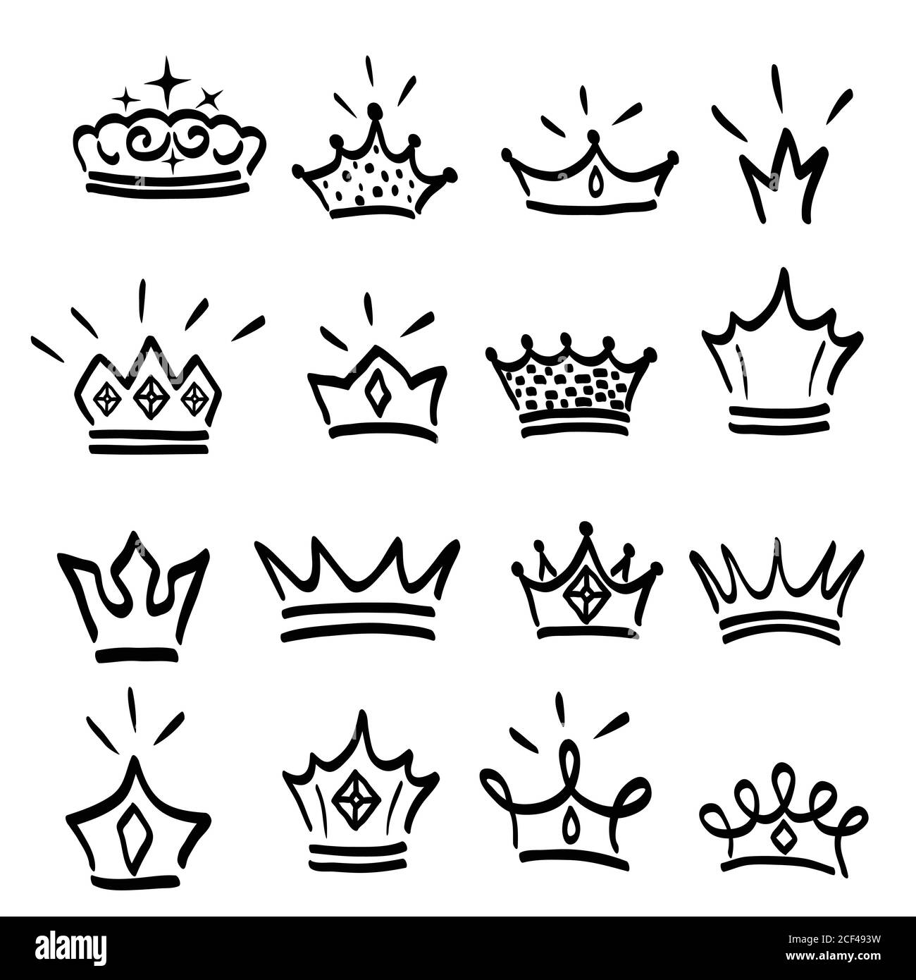 Logo Crown graffiti icône dessinée à la main. Éléments noirs isolés sur fond blanc. Ensemble de couronne et tiara dessinés à la main pour princesse.Vector illu Illustration de Vecteur