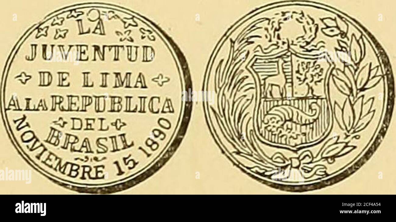 . Monetario americano (ilustrado) clasificado. N 1447-Anverso en el campo: Escudo de armas del Perú. Reverso en el campo: Exaltación á la Presidenciade la República Peruana del EXM Sr. Coronel Re-migio Morales Bermudez Agosto 10 de 1890. Plata: Peso 7 grammos.. N 1448—Anverso en el campo: La Juventud de Lima á laRepública del Brasil Noviembre 15 de 1890. Reverso en el campo: Escudo de la República del Perú. Plata : peso 5 grammes. 7 décíg. N 1449—Como la antérieur. Cobre : peso 5 grammos. — 464 Banque D'Images