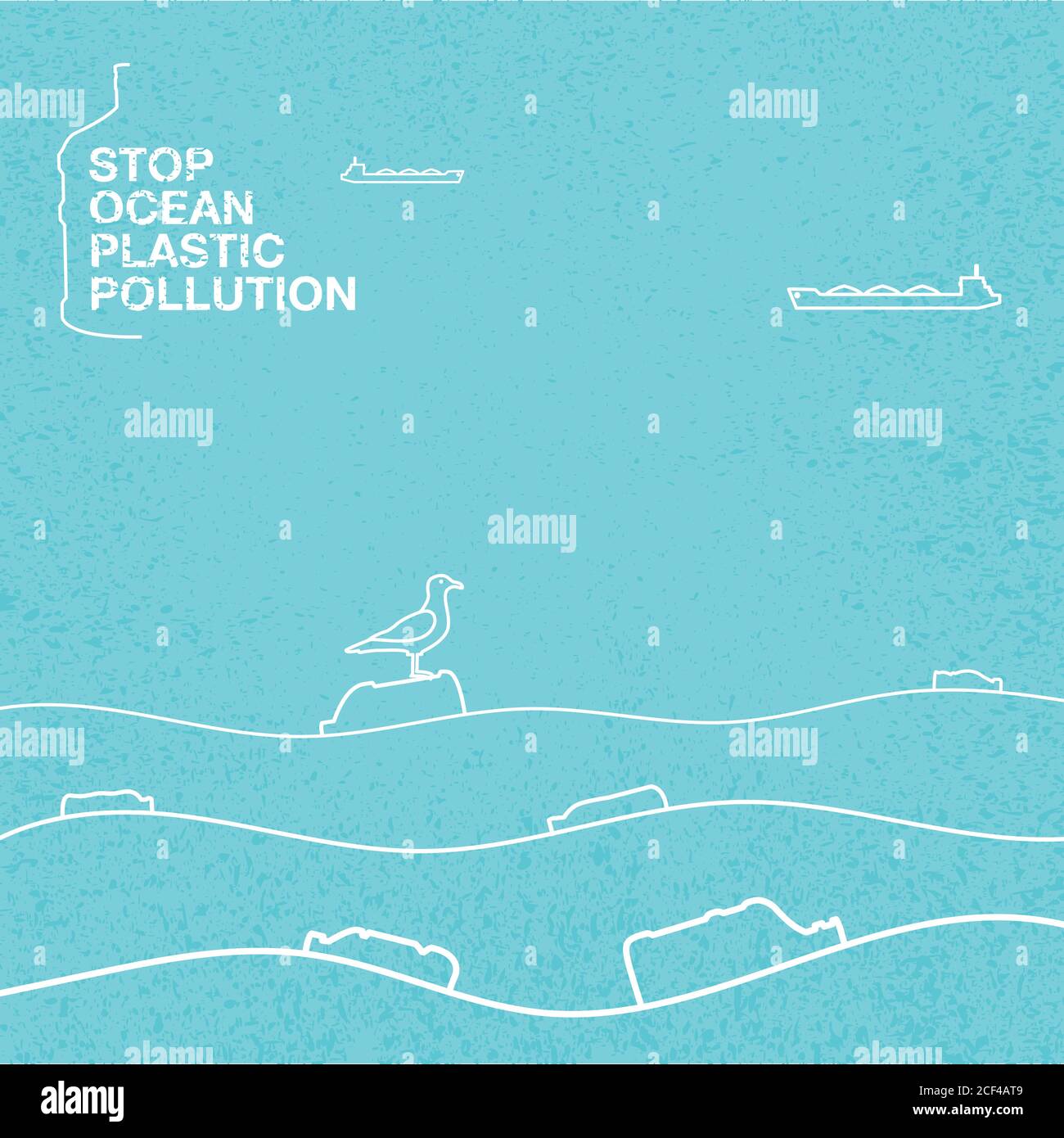 Arrêtez l'océan de la pollution plastique. Affiche de concept écologique sur fond bleu avec texture. Sur les vagues de l'océan flotteur bouteilles en plastique, gar Illustration de Vecteur