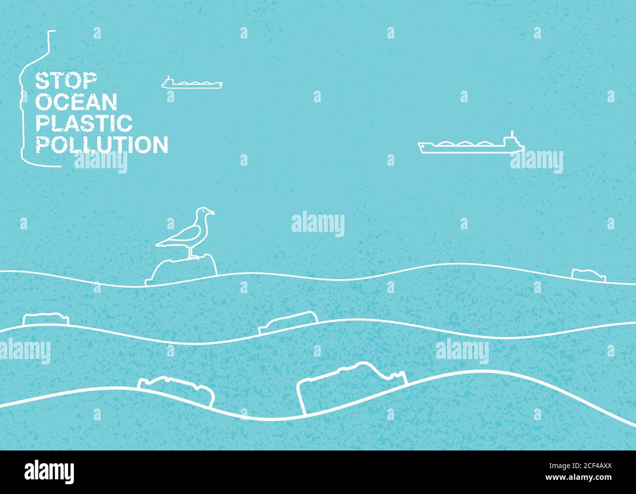 Arrêtez l'océan de la pollution plastique. Affiche de concept écologique sur fond bleu avec texture. Sur les vagues de l'océan flotteur bouteilles en plastique, gar Illustration de Vecteur