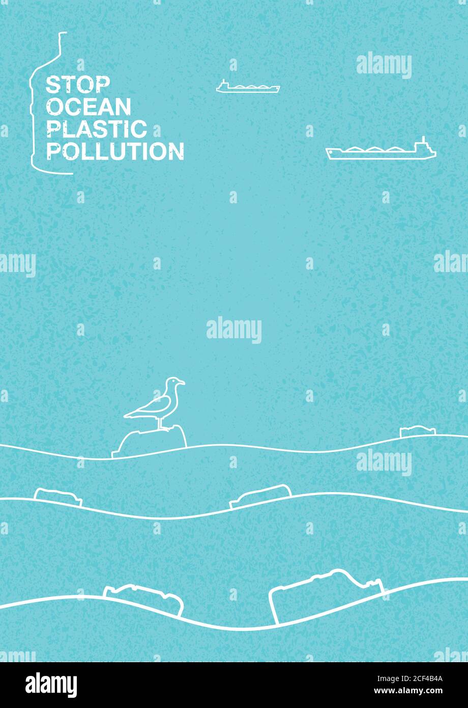 Arrêtez l'océan de la pollution plastique. Affiche de concept écologique sur fond bleu avec texture. Sur les vagues de l'océan flotteur bouteilles en plastique, gar Illustration de Vecteur