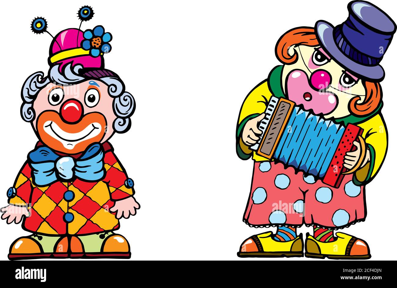 Clowns, cirque, grand sommet, arlequin, images de clowns drôles et drôles, spectacle de cirque, vacances amusantes, enfance, spectacle, jouet, illustration Illustration de Vecteur