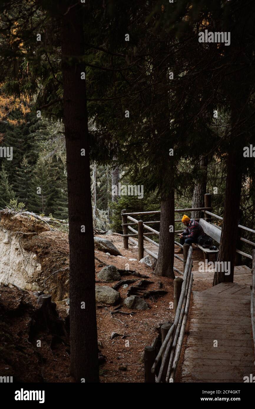 Vue latérale d'un homme assis sur un banc en bois sur une pente avec clôture en bois utilisant un gadget à un magnifique paysage forestier d'automne Banque D'Images