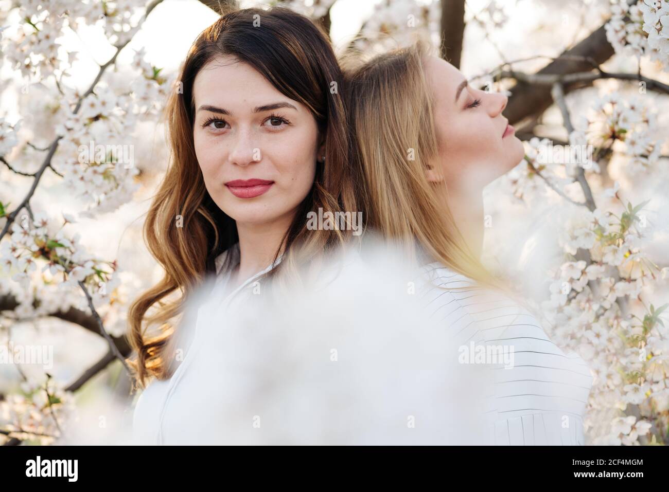 Deux jeunes femmes rêveuses se penchent de dos en dos près des arbres avec des fleurs blanches le jour ensoleillé dans le parc Banque D'Images