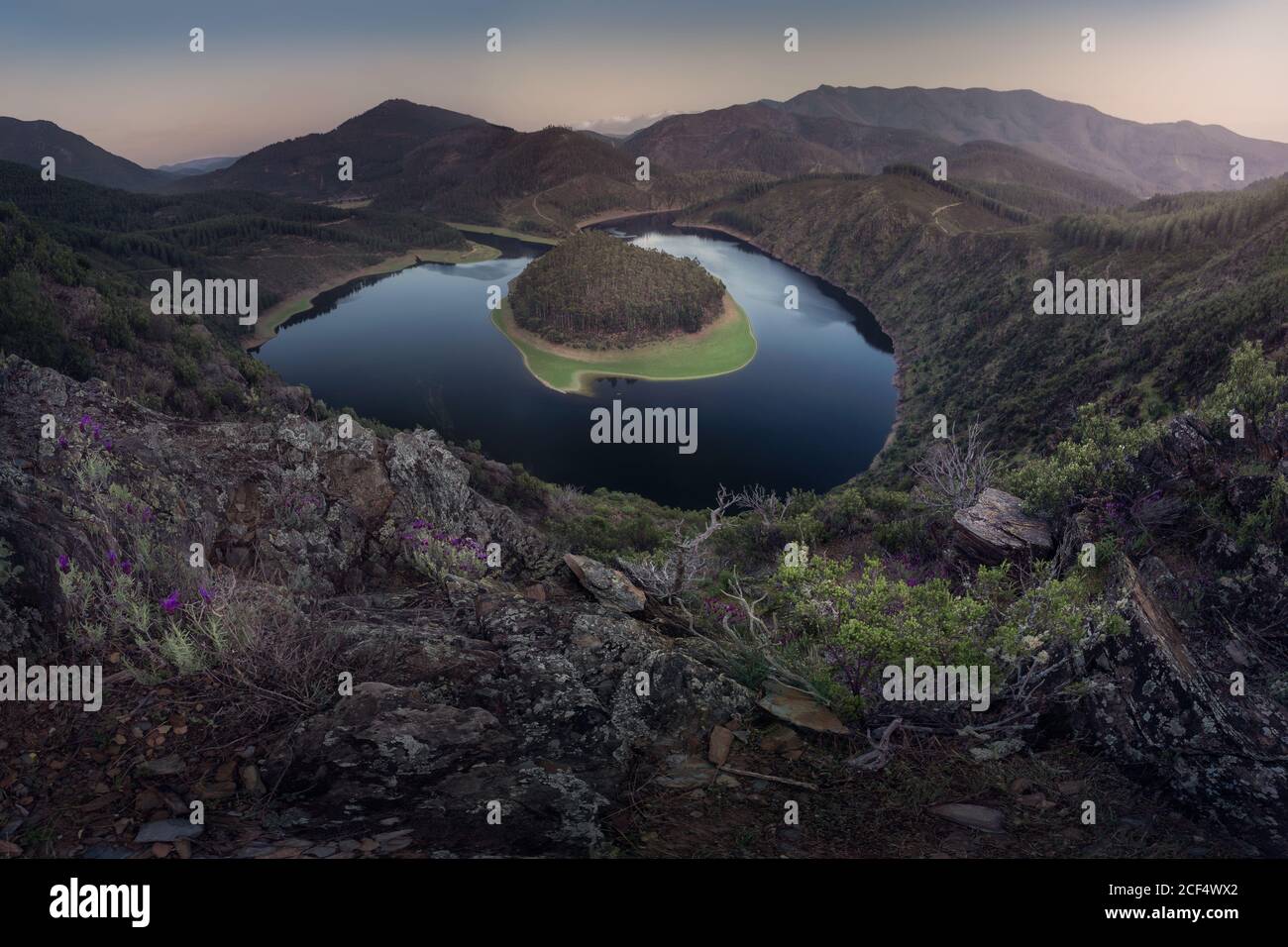 Vue aérienne de l'île boisée sur une surface lisse du lac sur terrain vallonné et déserté Banque D'Images