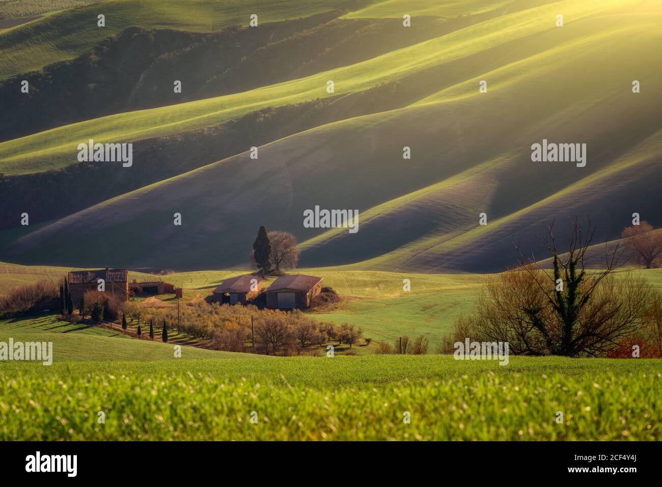 Paysage majestueux de vallée verte avec champs et chaîne de montagnes en Toscane, Italie Banque D'Images