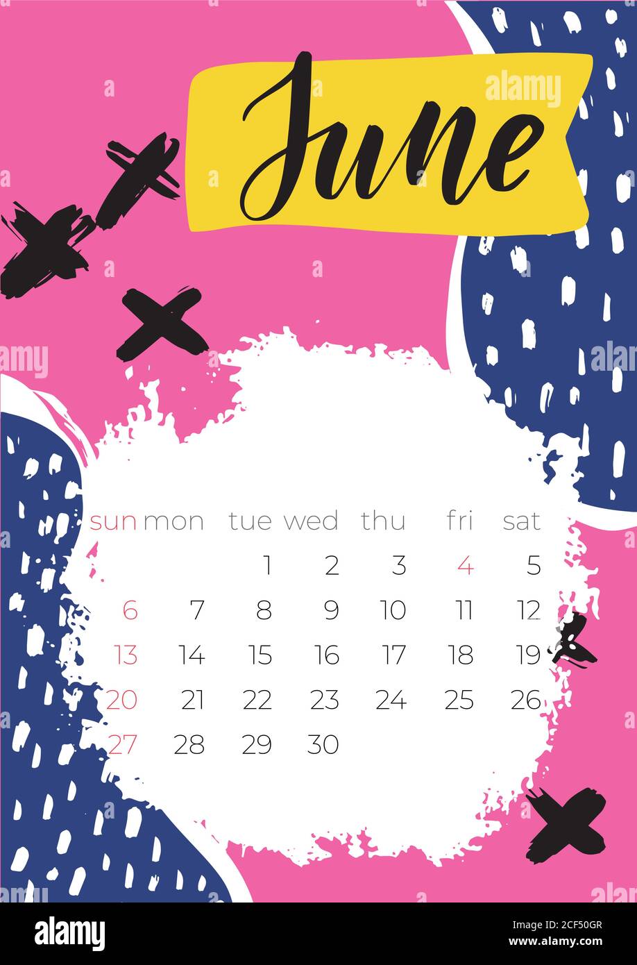 2021 juin Calendrier anglais abstrait Vector dessiné à la main Illustration de Vecteur