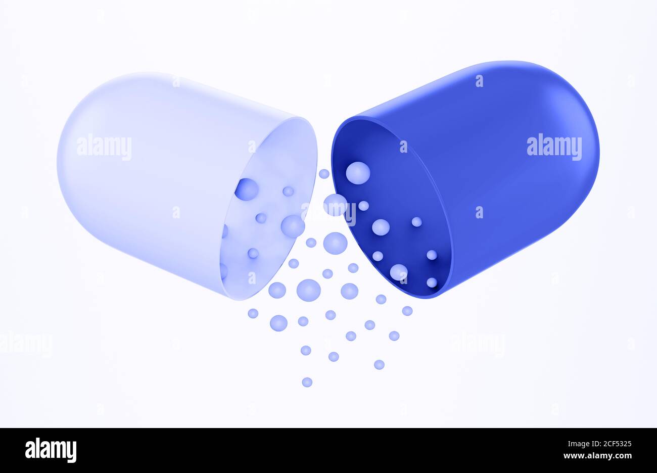 Capsule ouverte de couleur blanche et bleue isolée sur fond blanc. Le contenu de la capsule se déverse. Conception d'éléments pour le secteur médical ou pharmaceutique Banque D'Images