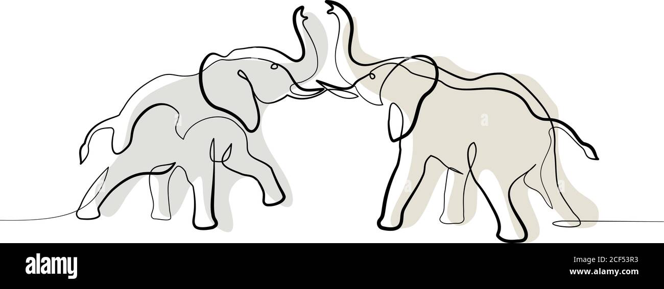 Deux éléphants se battant. Mise en plan continue d'un dessin au trait. Illustration vectorielle. Couleur isolée sur fond blanc. Illustration de Vecteur