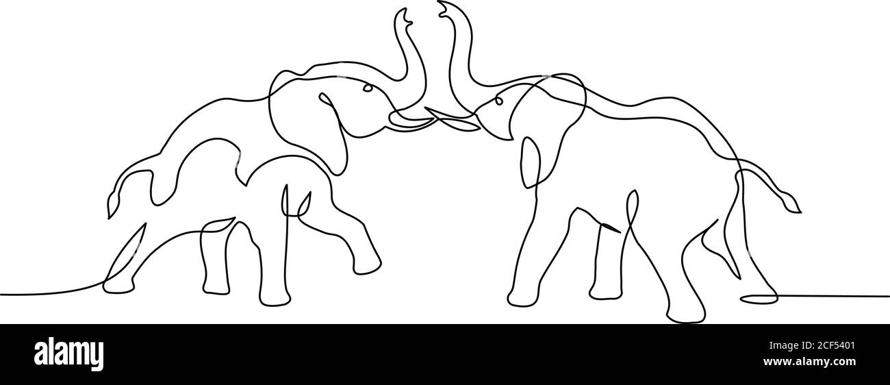 Deux éléphants se battant. Mise en plan continue d'un dessin au trait. Illustration vectorielle isolée sur fond blanc. Illustration de Vecteur