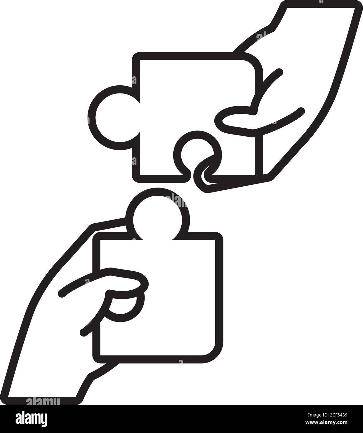 mains avec pièces de puzzle icône sur fond blanc, style de ligne, illustration vectorielle Illustration de Vecteur