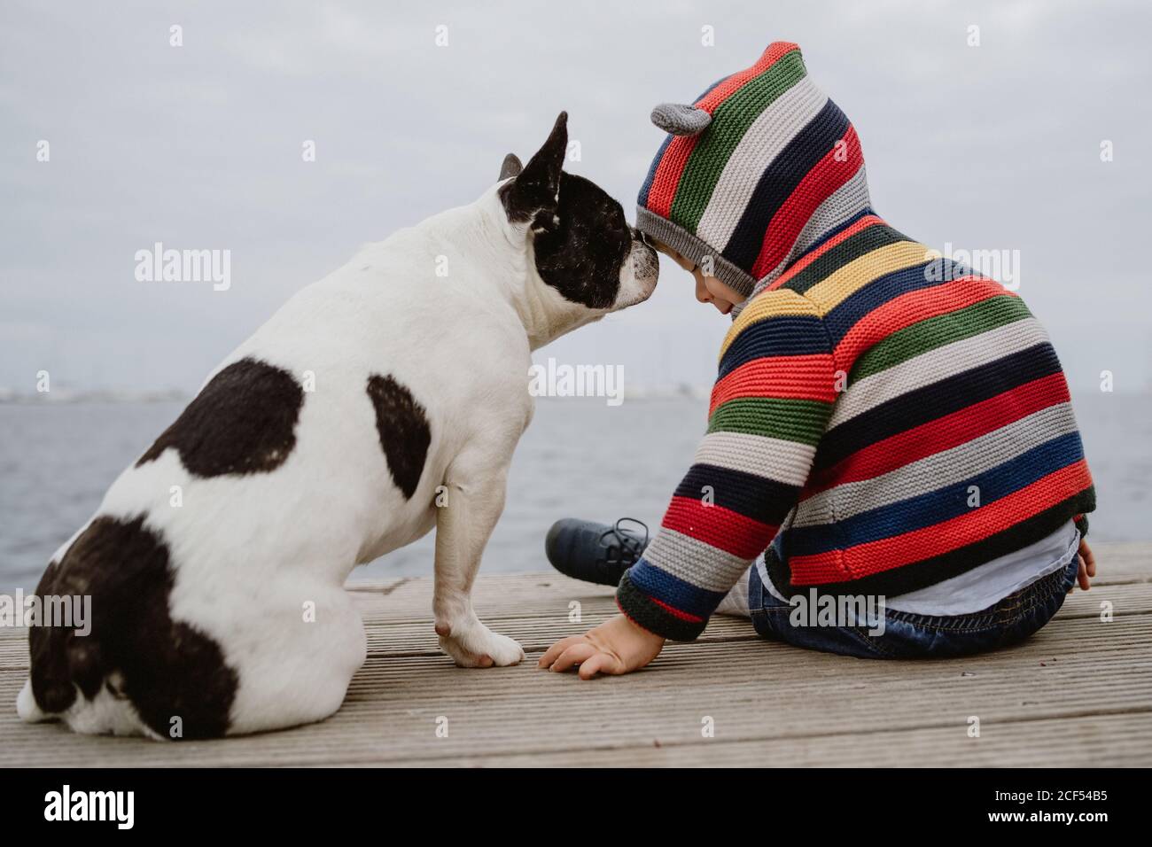 Vue arrière d'un enfant méconnaissable dans une veste rayée à pois Bulldog français assis sur une jetée près de la mer Banque D'Images