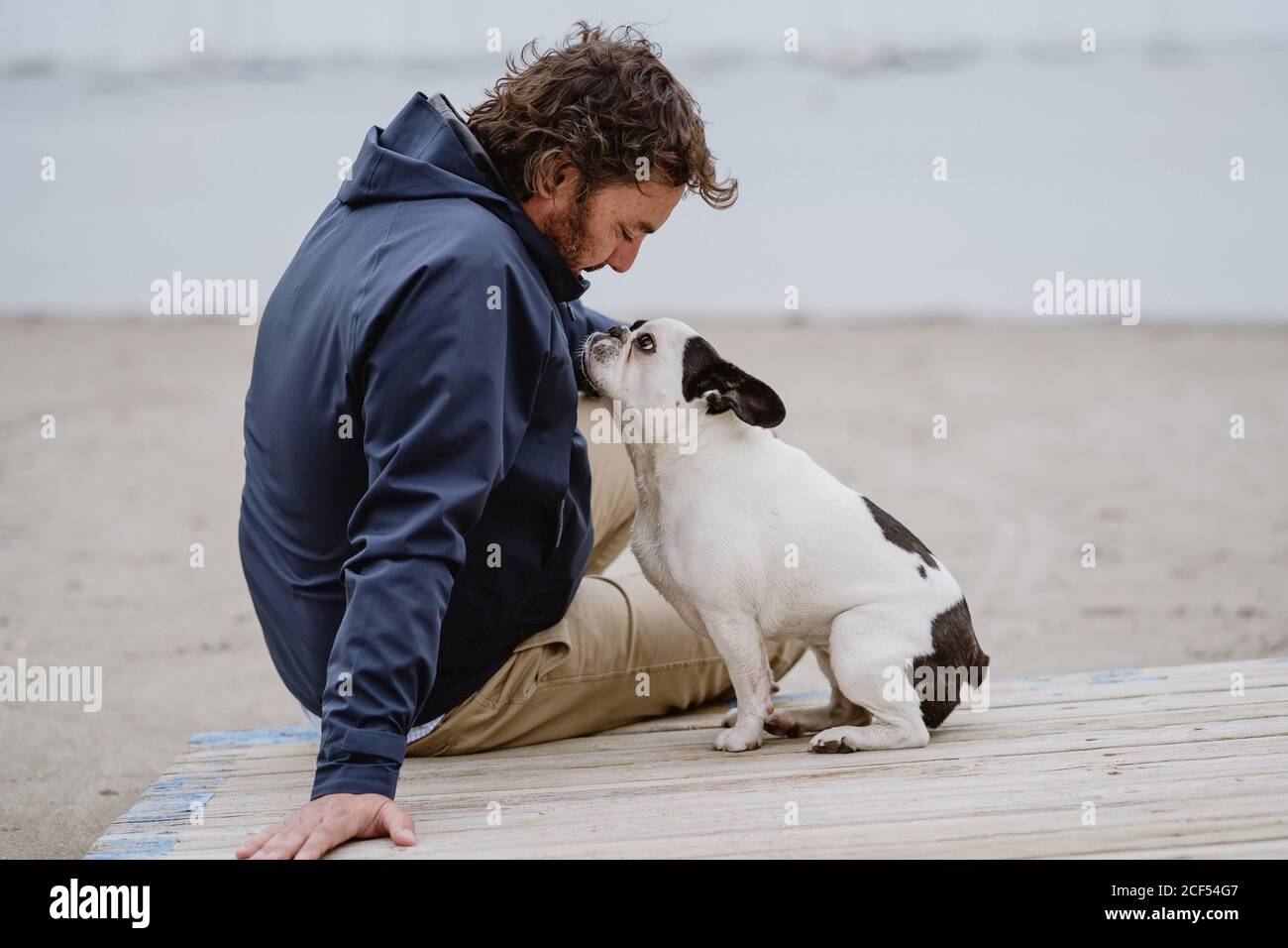 Un homme adulte en veste chaude qui embrasse un Bulldog français à pois  vous vous asseyez sur la jetée en bois et admirez la vue sur la mer ondulée  le jour de