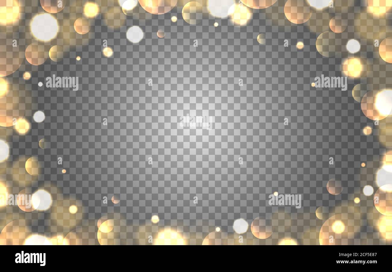 Cadre bokeh doré sur fond transparent. Modèle de décoration de Noël. Bordure dorée avec éléments flous. Effet brillant brillant pour un accueil chaleureux Illustration de Vecteur