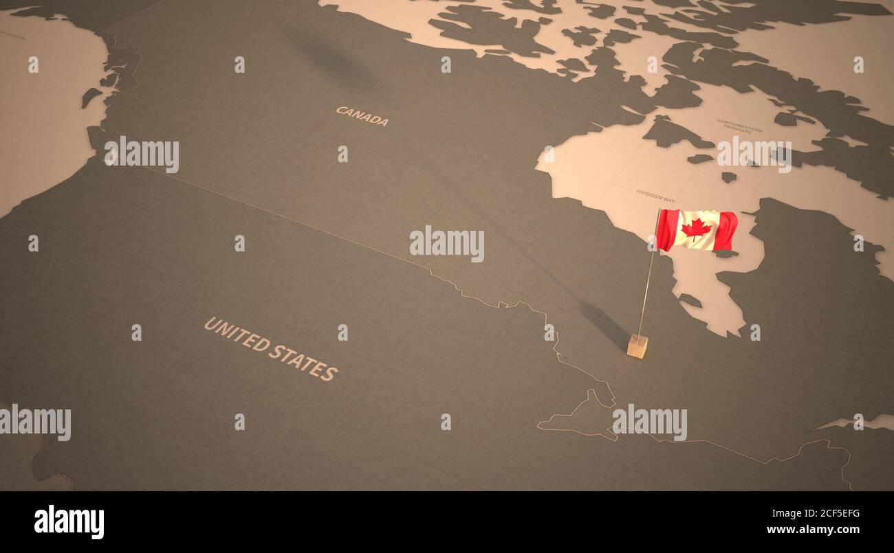 Drapeau sur la carte du Canada. Carte d'époque et drapeau des pays d'Amérique du Nord rendu 3D Banque D'Images
