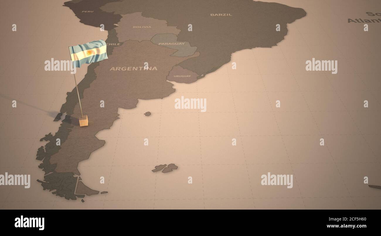 Drapeau sur la carte d'ARGENTIINA. Carte d'époque et drapeau des pays d'Amérique du Sud rendu 3D Banque D'Images