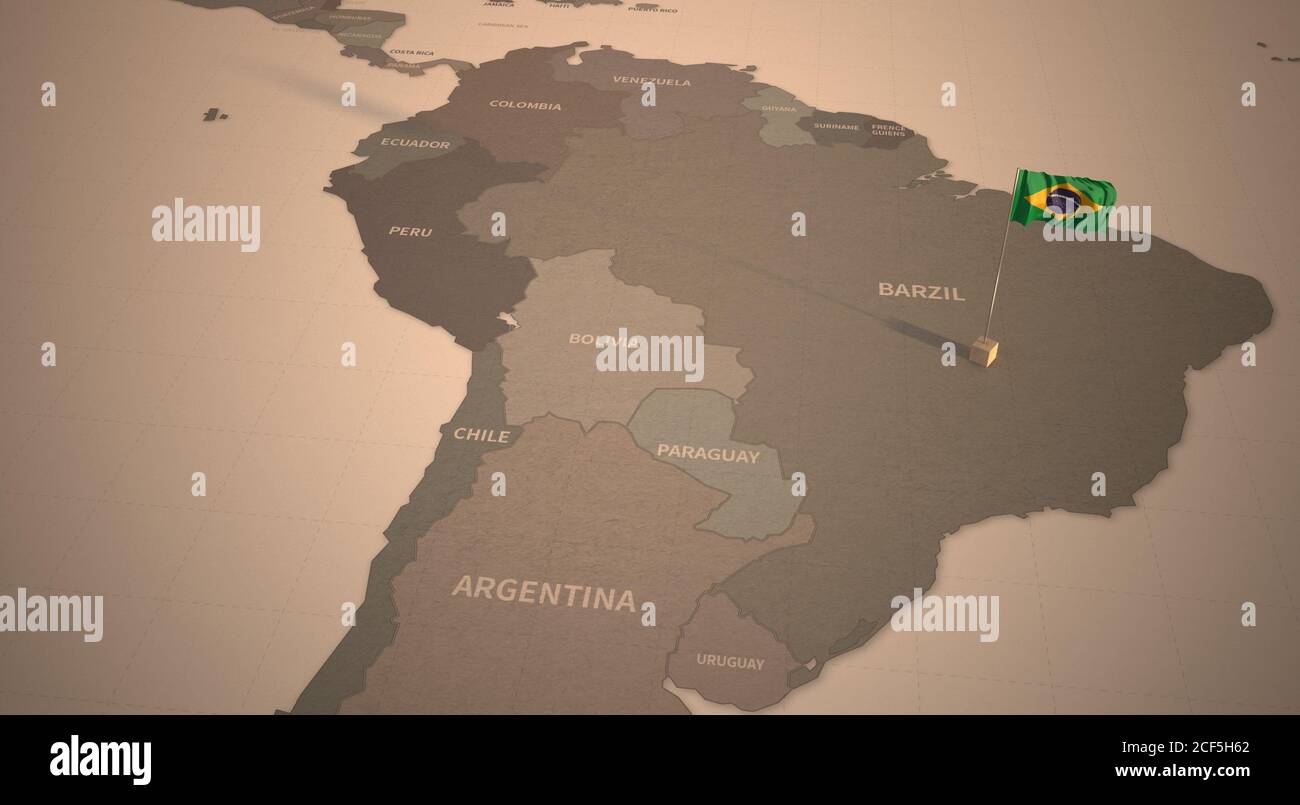 Drapeau sur la carte du Brésil. Carte d'époque et drapeau des pays d'Amérique du Sud rendu 3D Banque D'Images