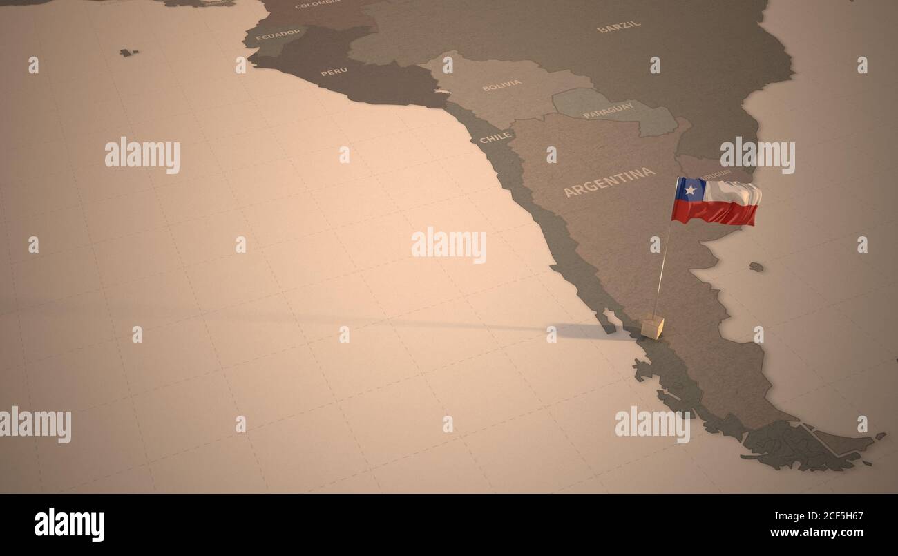 Drapeau sur la carte du Chili. Carte d'époque et drapeau des pays d'Amérique du Sud rendu 3D Banque D'Images