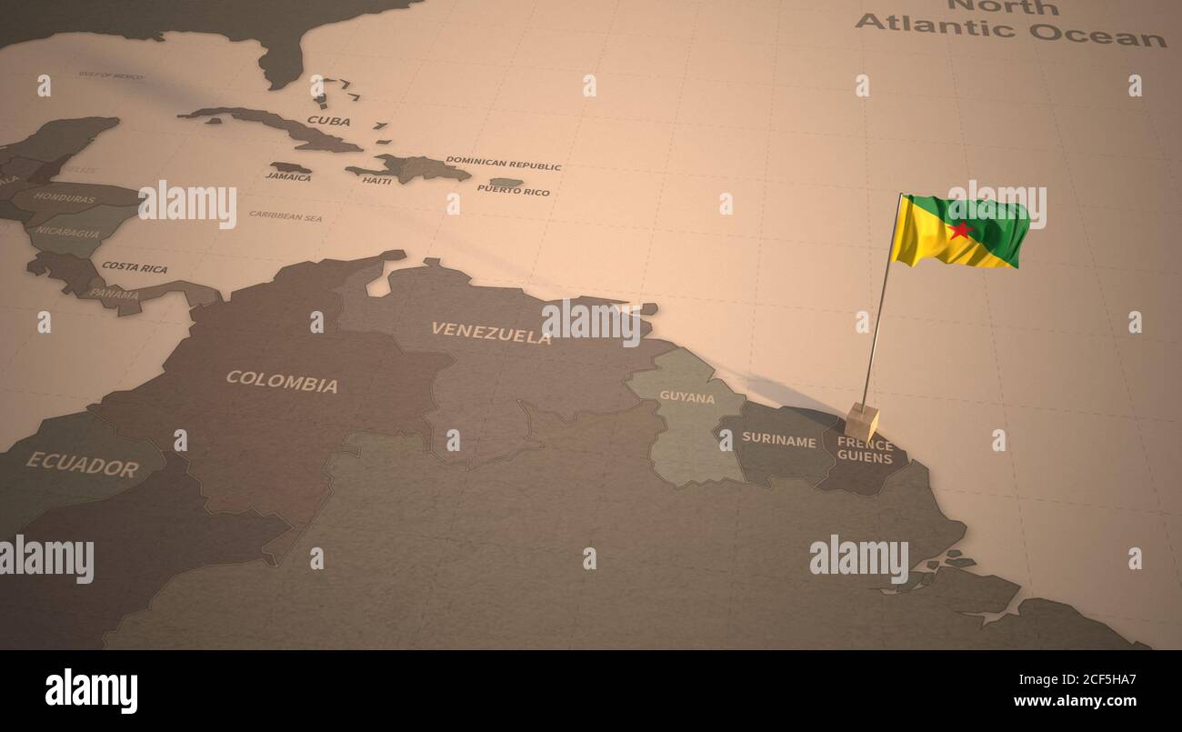 Drapeau sur la carte de la Guyane française. Carte d'époque et drapeau des pays d'Amérique du Sud rendu 3D Banque D'Images