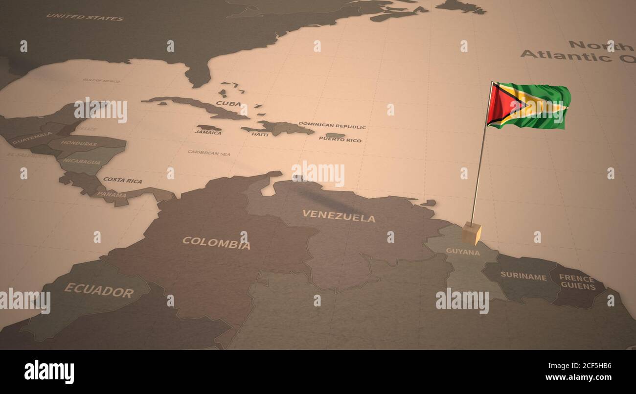 Drapeau sur la carte du Guyana. Carte d'époque et drapeau des pays d'Amérique du Sud rendu 3D Banque D'Images