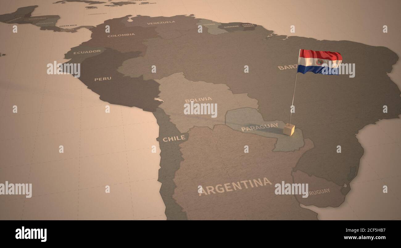 Drapeau sur la carte du Paraguay. Carte d'époque et drapeau des pays d'Amérique du Sud rendu 3D Banque D'Images