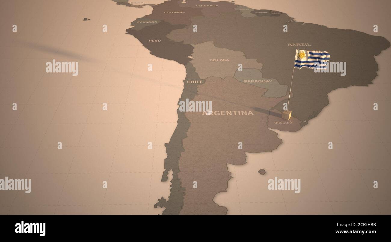 Drapeau sur la carte de l'Uruguay. Carte d'époque et drapeau des pays d'Amérique du Sud rendu 3D Banque D'Images