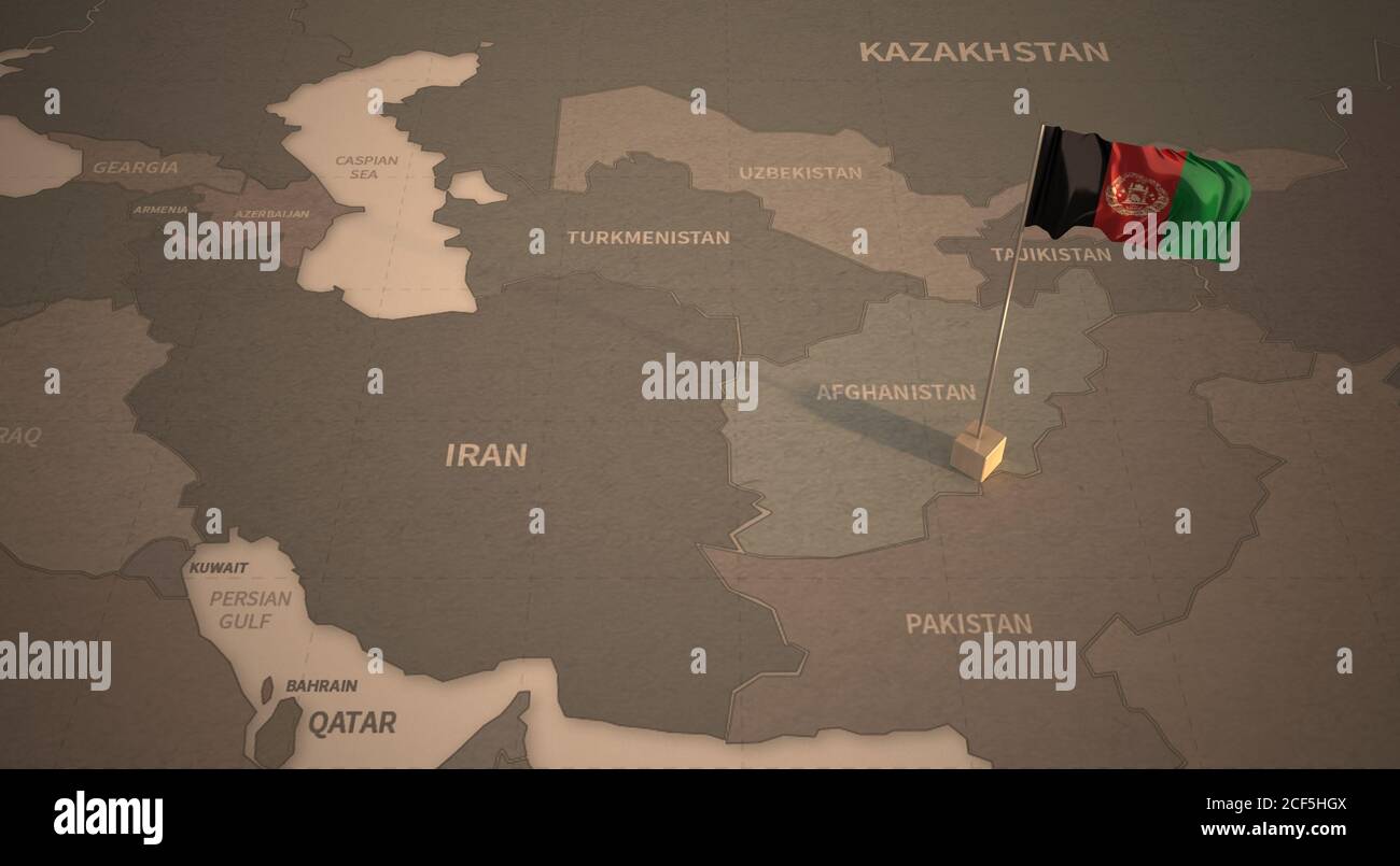 Drapeau sur la carte de l'Afghanistan. Carte d'époque et drapeau des pays asiatiques rendu 3D Banque D'Images