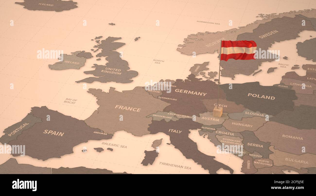 Drapeau sur la carte de l'Autriche. Carte d'époque et drapeau des pays européens rendu 3D Banque D'Images