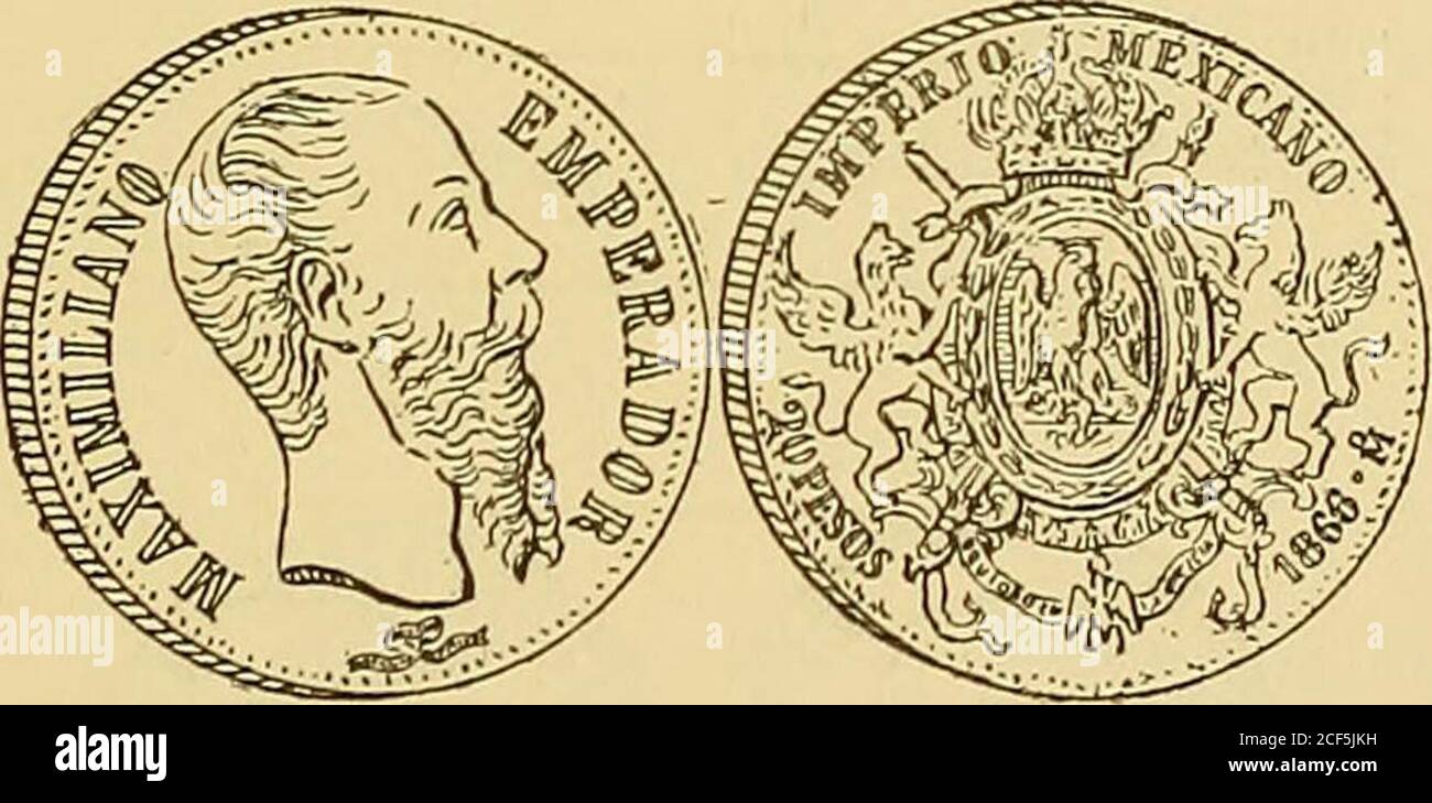 Monetario americano (ilustrado) clasificado. N 1254—Anverso Leyenda Imperio  Mexicano. En el campo:Águila coronada, parada sobre thon con una serpiente  en elpico y garra derecha; debajo dos ramas de laurel. Reverso en