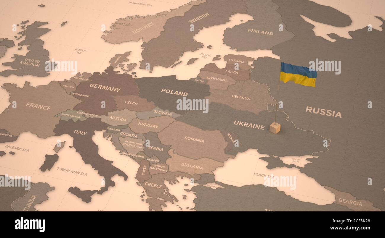 Drapeau sur la carte de l'Ukraine. Carte d'époque et drapeau des pays européens rendu 3D Banque D'Images