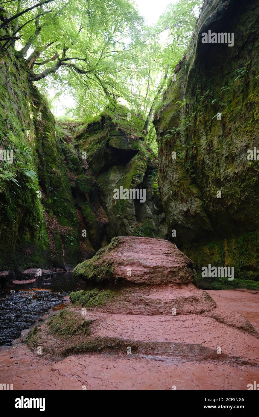 Cascade entre les rochers couverts de mousse sur un endroit calme en plein soleil l'après-midi Banque D'Images