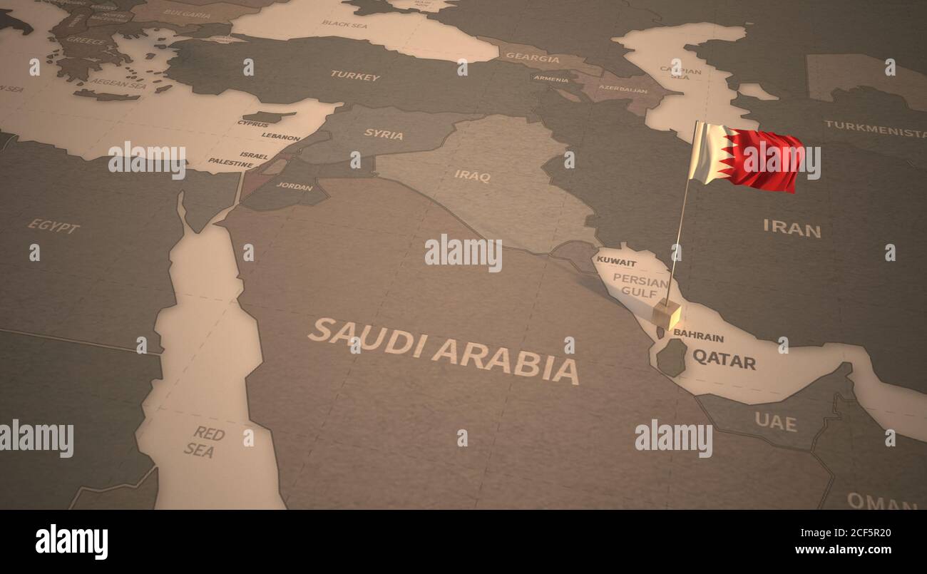 Drapeau sur la carte de Bahreïn. Carte d'époque et drapeau des pays du Moyen-Orient série rendu 3D Banque D'Images