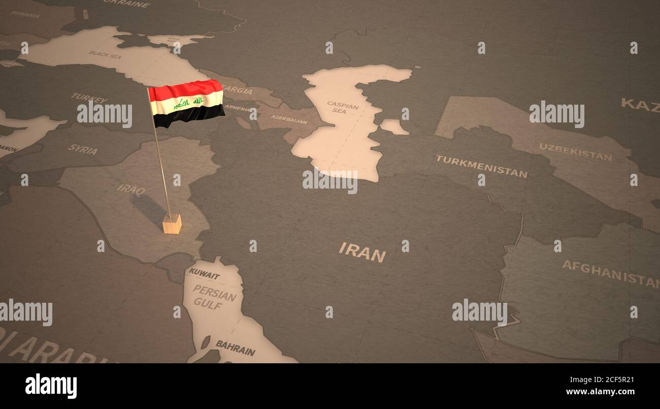 Drapeau sur la carte de l'Irak. Carte d'époque et drapeau des pays du Moyen-Orient série rendu 3D Banque D'Images
