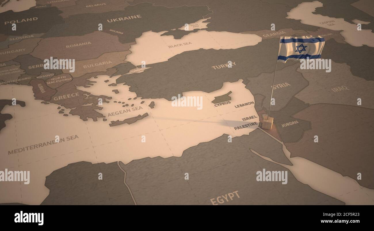 Drapeau sur la carte d'Israël. Carte d'époque et drapeau des pays du Moyen-Orient série rendu 3D Banque D'Images