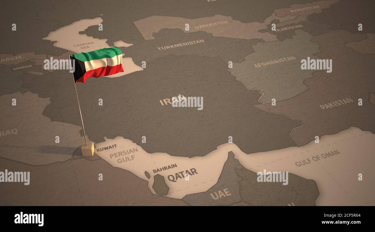 Drapeau sur la carte du Koweït. Carte d'époque et drapeau des pays du Moyen-Orient série rendu 3D Banque D'Images