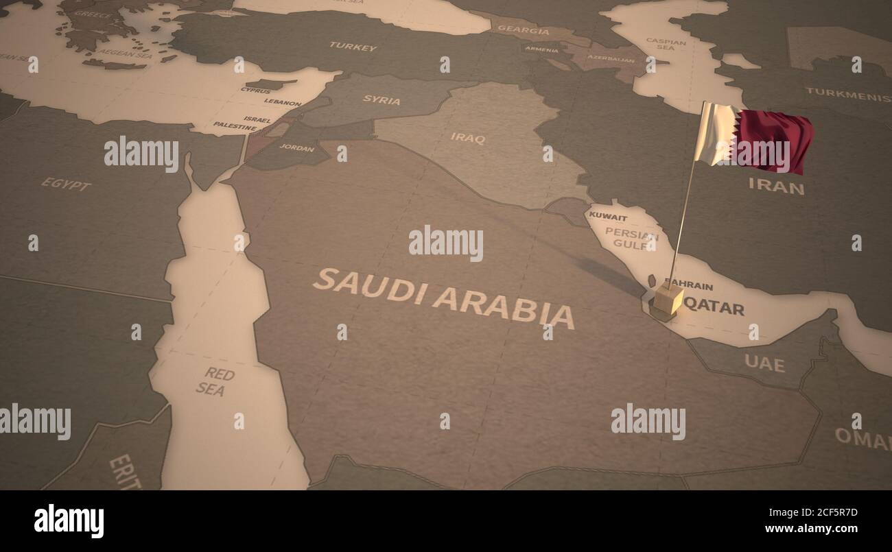 Drapeau sur la carte du Qatar. Carte d'époque et drapeau des pays du Moyen-Orient série rendu 3D Banque D'Images