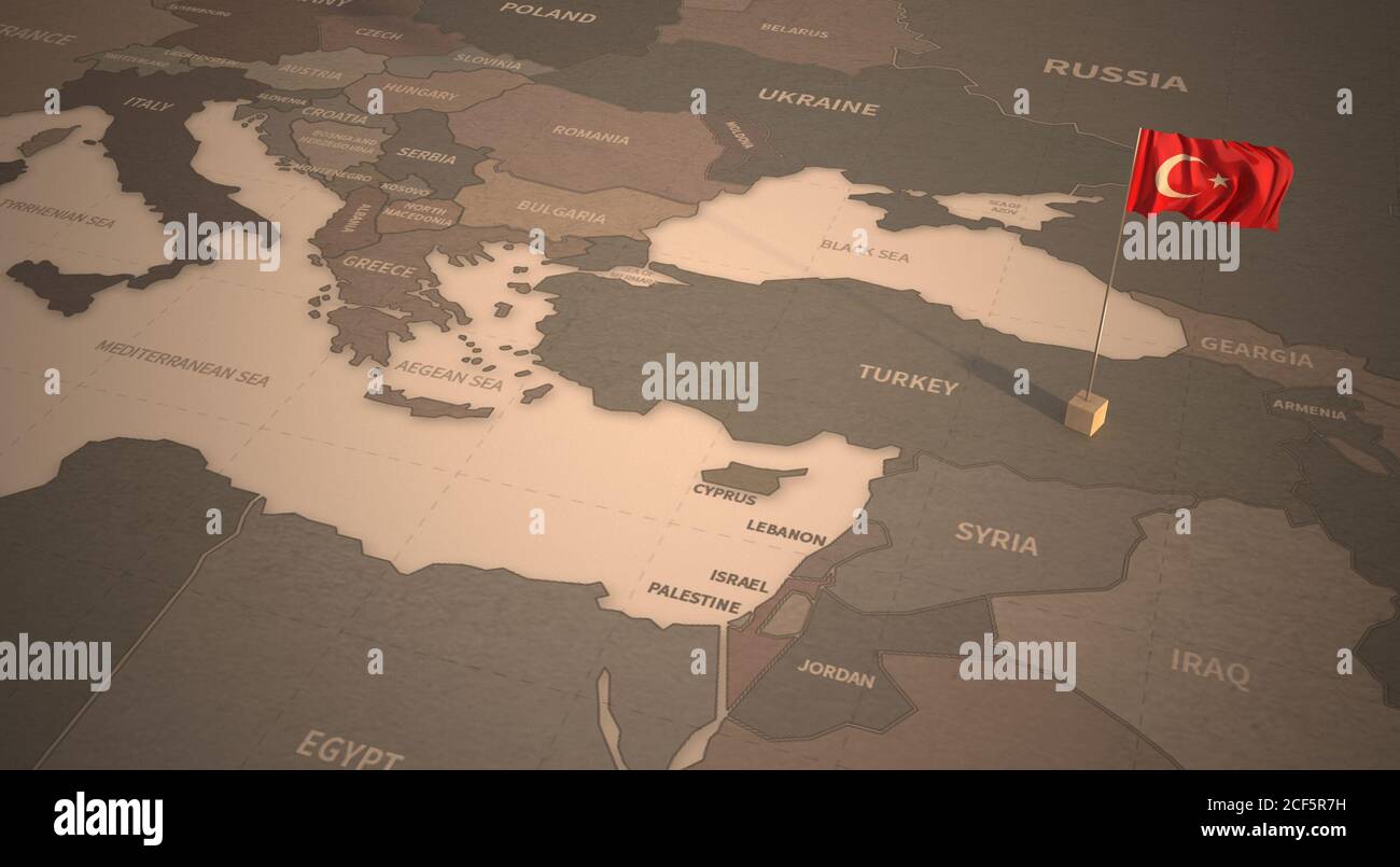 Drapeau sur la carte de la Turquie. Carte d'époque et drapeau des pays du Moyen-Orient série rendu 3D Banque D'Images