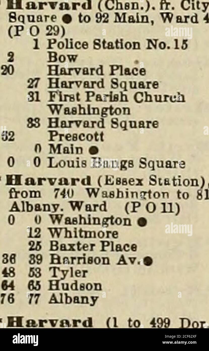 . Registre et annuaire des entreprises de Boston. .A.venae ex. TeiHion (Essex Sta.). Fton 18 Oavward place, quartier S (P O 11)28 Chickerine Norfolk place »9 Eieter MarrUon parte (Dor.) de 28 Beach, quartier 90 (P C et Popes HUL, quartier 20•Harry P. Moore Sq. 5, jonction Harry-Kramer et Sq. (Mat.). Intersection Blue HUlAV. Et Morton, quartier 21 et Laurel tion CanWard 5 J (Nord i . 157 Baker, Hart (W. R.). h, quartier 28 (PF 32)•• place Hart (8. B.). fr. 642 E. Elchth, quartier 10 (P O 27)place Hartley, remplacé par place Uawlcy (P O 9)Harfi Tfard (CHSN). fr, 28 Lawrence. Quartier 3 (P O Banque D'Images