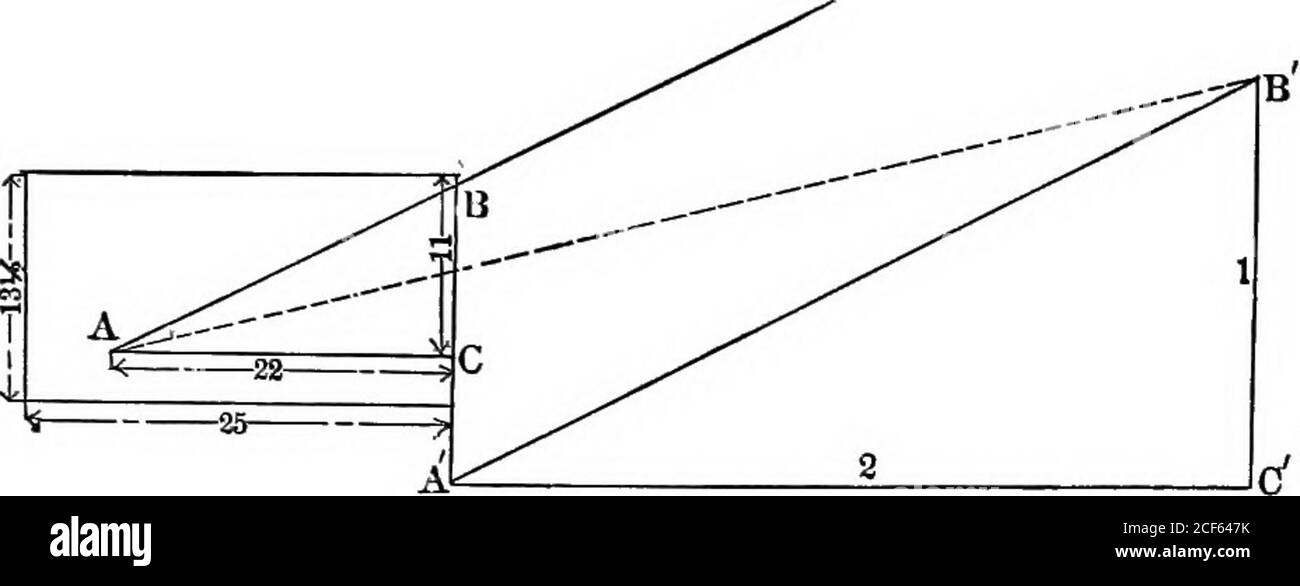 . L'éclairage des salles d'école; un manuel pour les conseils scolaires, les architectes, les surintendants et les enseignants. Nous devons déduire deux pieds et demi toget la hauteur totale du haut de la fenêtre au-dessus du dessus du bureau, qui serait dans ce cas, donc, onze pieds. Le triangle à angle droit ABC (voir Fig. 32) formé par un point sur le bureau le plus éloigné de la fenêtre, sa projection sur le mur de la fenêtre et l'aposint en haut de la fenêtre verticalement au-dessus de cette projection, Doit être similaire au triangle ABC formé dans le même plan vertical par le haut de l'abuilding deux fois plus loin qu'il est élevé, par Banque D'Images . L'éclairage des salles d'école; un manuel pour les conseils scolaires, les architectes, les surintendants et les enseignants. Nous devons déduire deux pieds et demi toget la hauteur totale du haut de la fenêtre au-dessus du dessus du bureau, qui serait dans ce cas, donc, onze pieds. Le triangle à angle droit ABC (voir Fig. 32) formé par un point sur le bureau le plus éloigné de la fenêtre, sa projection sur le mur de la fenêtre et l'aposint en haut de la fenêtre verticalement au-dessus de cette projection, Doit être similaire au triangle ABC formé dans le même plan vertical par le haut de l'abuilding deux fois plus loin qu'il est élevé, par Banque D'Images